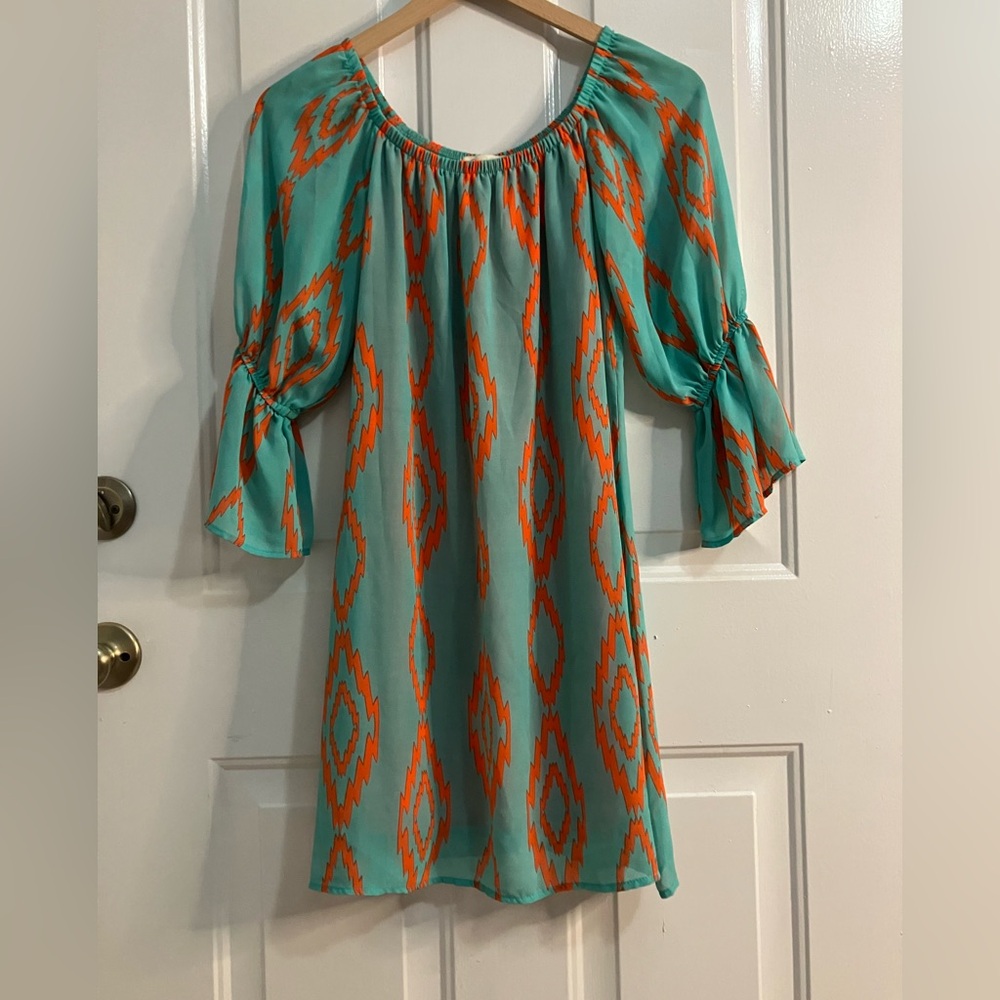Rachel Kate - colorful shift dress,ruffled sleeves 
Teal ,orange